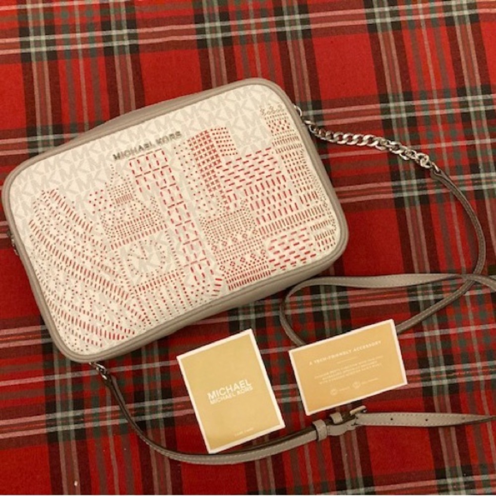 Michael Kors London Neon Pink White Signature PVC/Gray Leather Jet Set NWT